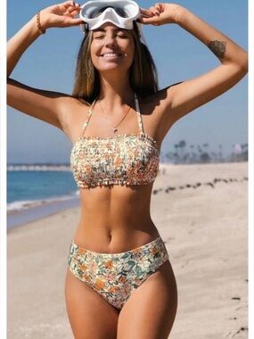 Cupshe Floral Smocked Bandeau Bikini - Orange & Green
